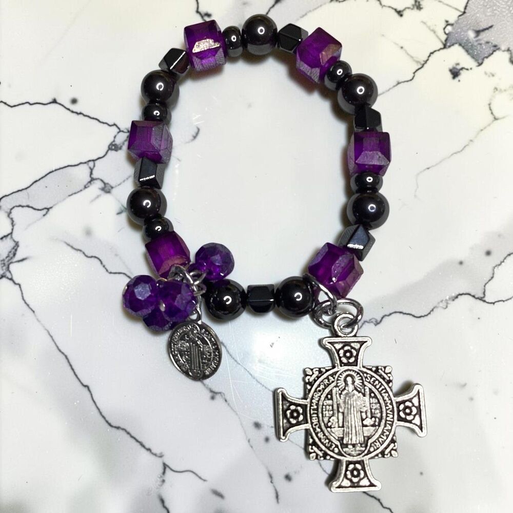 St Benedict Crucifix Stretch Black Hemantite Bracelet Religious Gothic Charm